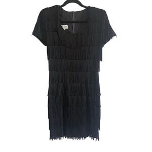 Vintage Retro 1970s Roberta Bridal Black Sheath Fringe Mini Party Dress